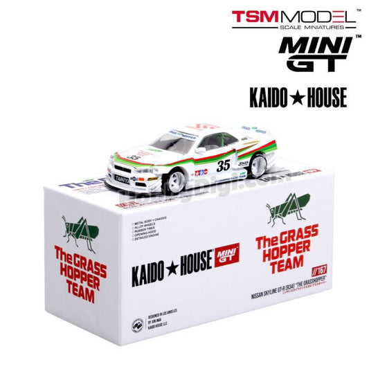 KAIDO HOUSE X MINI GT 1:64 Diecast Model Car - Nissan Skyline GT-R (R34) TAMIYA x KAIDO HOUSE "The GRASSHOPPER" V1